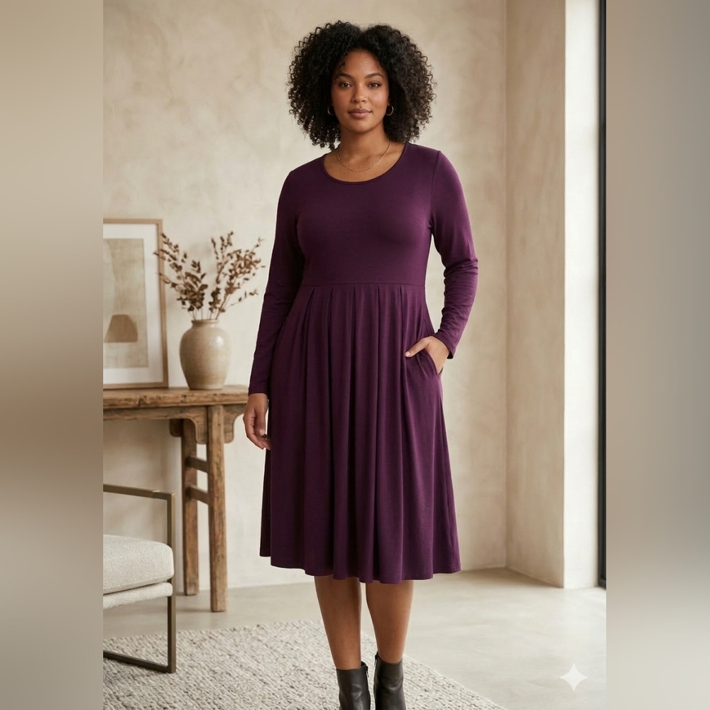 Zenana Premium Plus Size Purple Long Sleeve Dress 3X Pockets Pleated Skirt